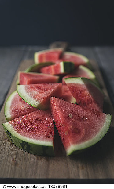 Close-up of watermelon slices on cutting board