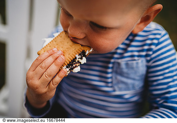 Close up of young boy eating cookies and marshmallows smores