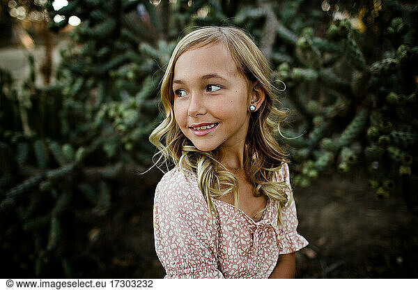 Close Up of Young Girl in Desert Garden in San Diego