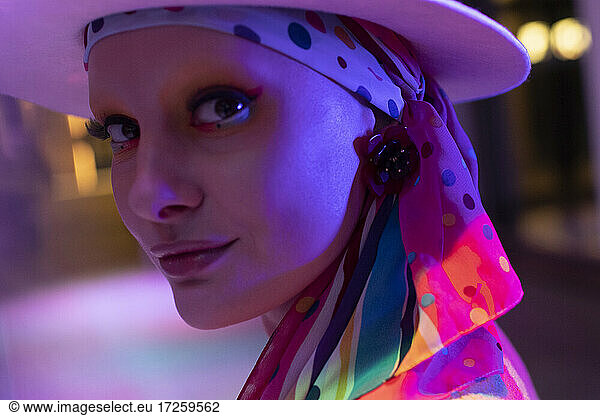 Close up portrait beautiful fashionable woman in headscarf