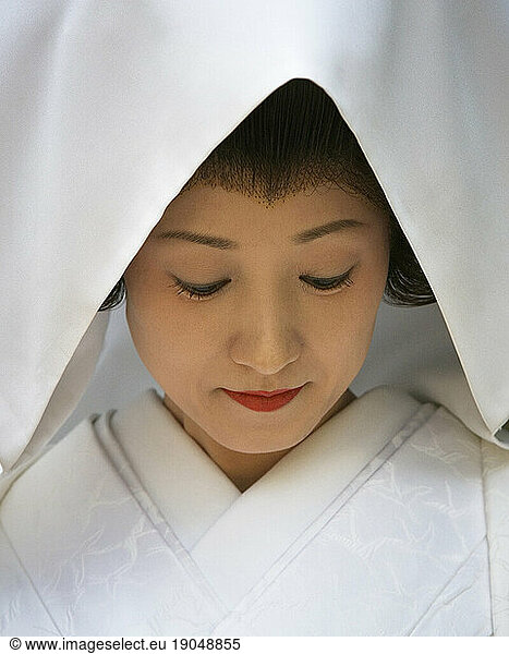 Close up portrait of a traditional Japanese bride.