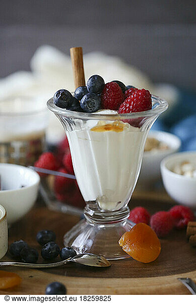 Close up shot of fruit and yogurt parfait with cinnamon and honey