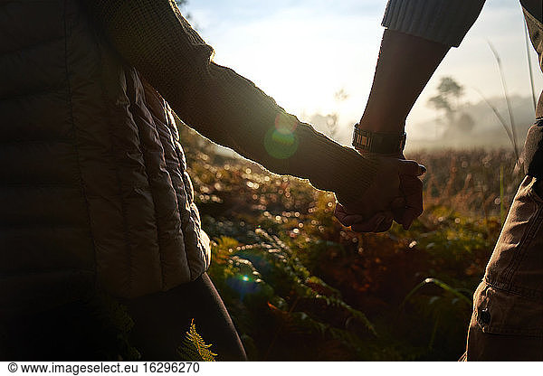 Close up silhouette young couple holding hands on sunny hike in nature