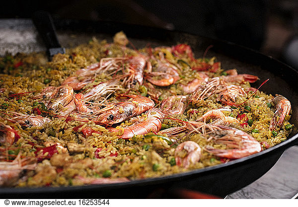 Close up Spanish seafood paella