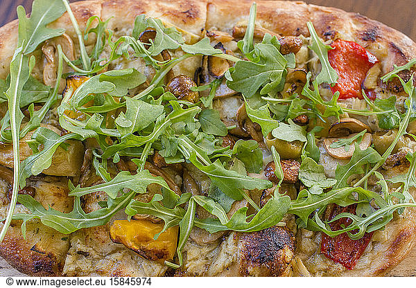 Close-up view of an Italian vegetable flatbread