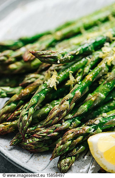 Closeup of lemon garlic asparagus tips