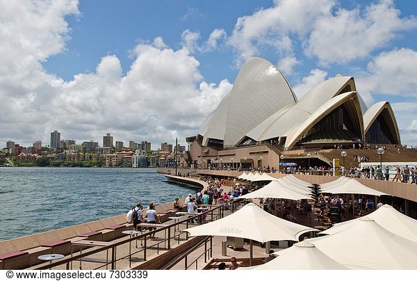 Closeup of restaurant umbrellas and famous Sydney Opera House in harbour in New South Wales Australia