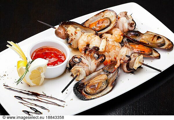 closeup of Seafood Kebab and mussel
