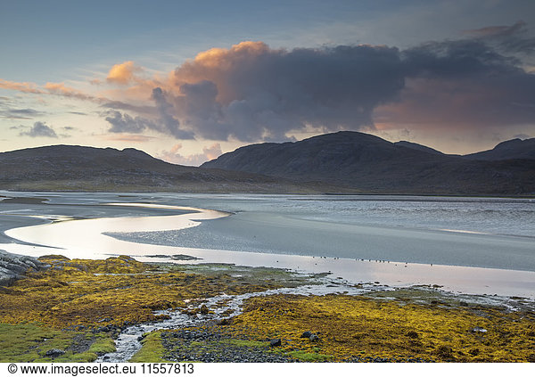 Clouds over tranquil mountains and ocean  Luskentyre Beach  Harris  Outer Hebrides