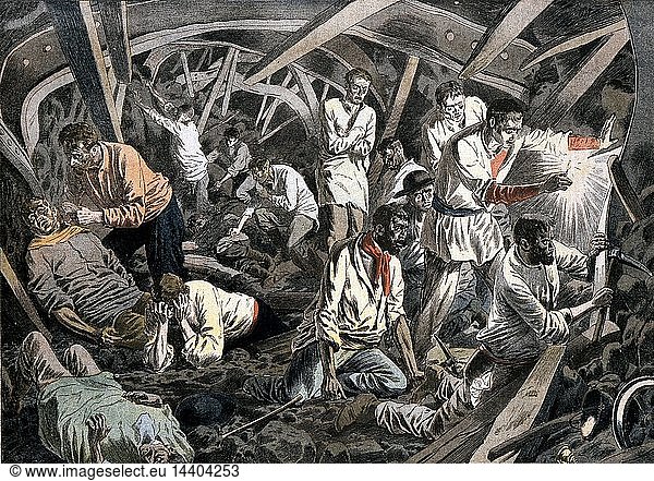 Coal miners trapped 24 days underground after roof fall. Survived by eating carrots and oats they found in the pit pony stables  Courrieres Mines  Pas de Calais  France. From "Le Petit Journal" Paris 15 April 1906.