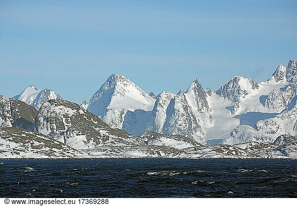 Coast with high  rugged  snow-capped mountains  west coast  Greenland  Denmark  North America