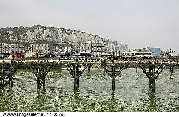 Coastal village of Le Treport at the mouth of the Bresle on the English Channel with Europe's highest chalk cliff and casino  Seine-Maritime department  Normandy region  France  Europe