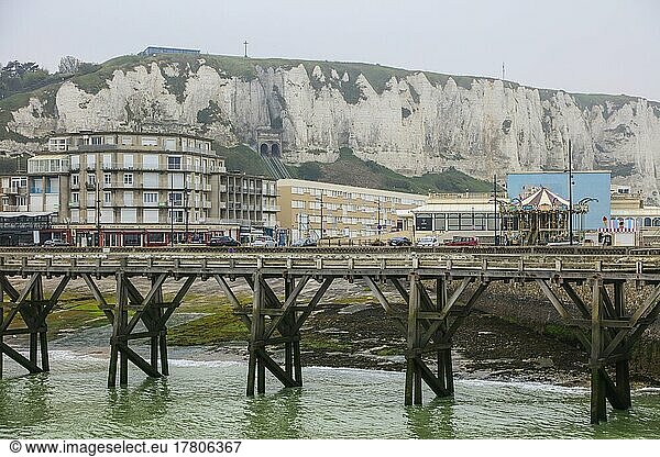 Coastal village of Le Treport at the mouth of the Bresle on the English Channel with Europe's highest chalk cliff and casino  Seine-Maritime department  Normandy region  France  Europe