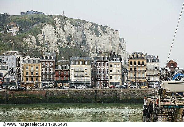 Coastal village of Le Treport at the mouth of the Bresle on the English Channel with the highest chalk cliff in Europe  Seine-Maritime department  Normandy region  France  Europe