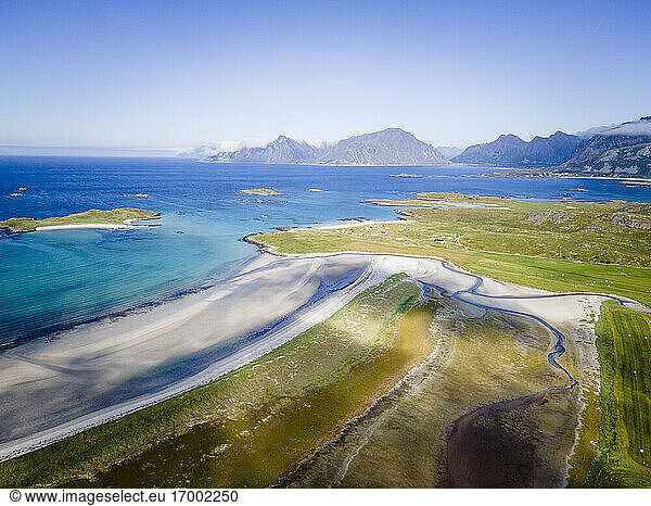 Coastline against sky at Fredvang  Lofoten  Norway