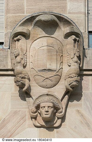 Coat of arms cartouche on the courthouse  built between 1909 and 1916 in the Neo-Renaissance architectural style  Nuremberg  Middle Franconia  Bavaria  Germany  Europe
