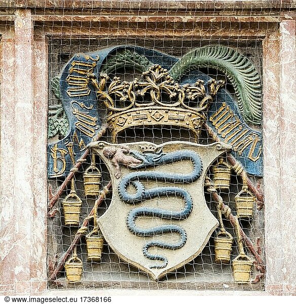 Coat of arms of the Duchy of Milan  depicted on the coat of arms frieze of the Goldenes Dachl  Innsbruck Tyrol  Austria  Europe