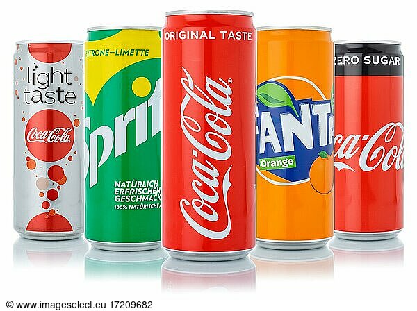 Coca Cola Coca-Cola Fanta Sprite products lemonade soft drink beverage in can cutout isolated against a white background in Germany