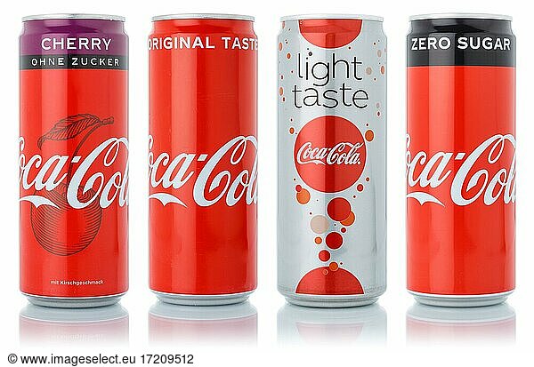 Coca Cola Coca-Cola Produkte Limonade Softdrink Getränke in Dose Freisteller freigestellt isoliert vor einem weißen Hintergrund in Deutschland