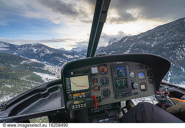 Cockpit of helicopter flying over the Dolomites  Trentino-Alto Adige  Italy  Europe