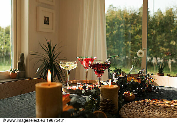 cocktail glasses on a tray at home on a table ready to serve
