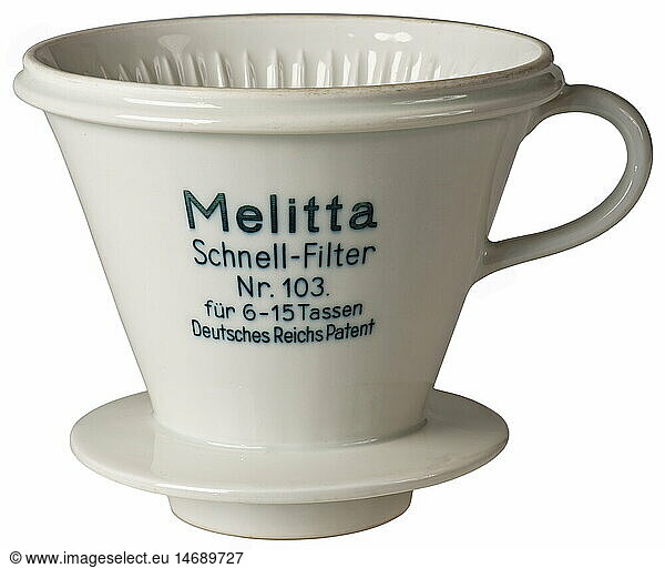 coffee  Melitta  coffee quick filter number 103  for 6 up to 15 cups  German Imperial Patent  Germany  1935  patents  coffee filter  coffee filters  porcelain  china  chinaware  Melitta filter  Melitta bags  coffee filter bags  invention  inventions  stills  clipping  cut out  cut-out  cut-outs  1930s  30s  invention patent  object  objects  20th century  quick filter  quick filters  number  numbers  cup  cups  historic  historical