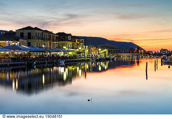 Coffee shops and restaurants in the harbour of Lefkada town  Greece.