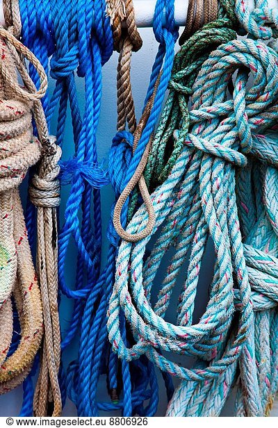Coils of rope on the superstructure of a fishing boat. Coils of rope on ...