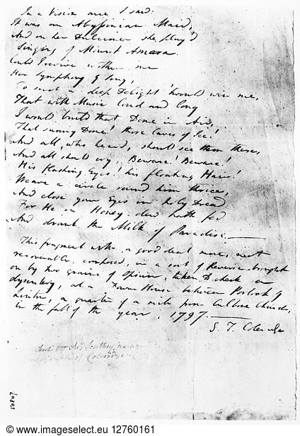 COLERIDGE: KUBLAI KHAN. Part of the autograph manuscript of Samuel Taylor Coleridge's 'Kublai Khan ' with the poet's account of its composition: 'This fragment with a good deal more  not recoverable  composed  in a sort of Reverie brought on by two grains of Opium  taken to check a dysentery...in the fall of the year  1797.'