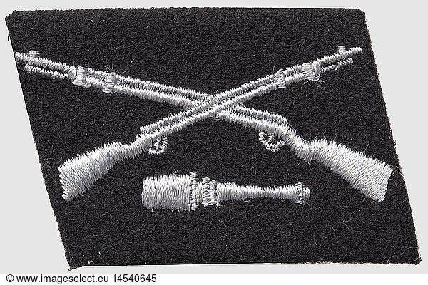 Collar patch for the 36th SS-division 'Dirlewanger'  of black wool on a glued linen inlay  RZM-machine-embroidered motif of two crossed guns and a hand grenade. Rare  historic  historical  1930s  20th century  secret service  security service  secret services  security services  police  armed service  armed services  NS  National Socialism  Nazism  Third Reich  German Reich  Germany  utensil  piece of equipment  utensils  object  objects  stills  clipping  clippings  cut out  cut-out  cut-outs  fascism  fascistic  National Socialist  Nazi  Nazi period  uniform  uniforms  detail  details