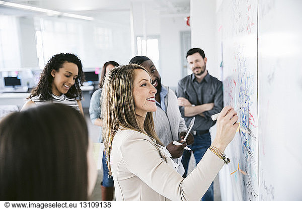 Colleagues looking at businesswoman writing notes on whiteboard in meeting