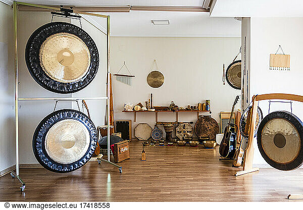 Collection of musical and percussion instruments in studio