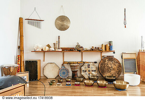 Collection of percussion instruments in studio