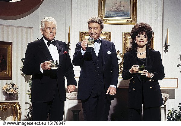 Collins  Joan  * 23.5.1933  brit. Schauspielerin  Gruppenbild  mit John Forsythe und Peter Alexander  beim 'Sketch'  in der 'Peter-Alexander-Show'  November 1993