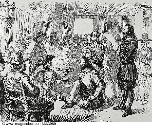 Colonization of North America (1607-1755). Massasoit (c. 1581-1661)  sachem of the Wampanoags  smoking a ceremonial pipe with the Plymouth Colony Governor  John Carver (before 1584-1621). Plymouth 1621. Engraving.