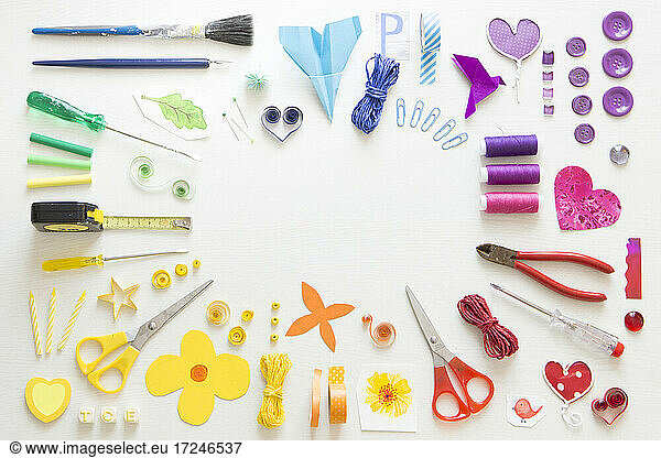 Colorful arrangement of various tools and sewing items