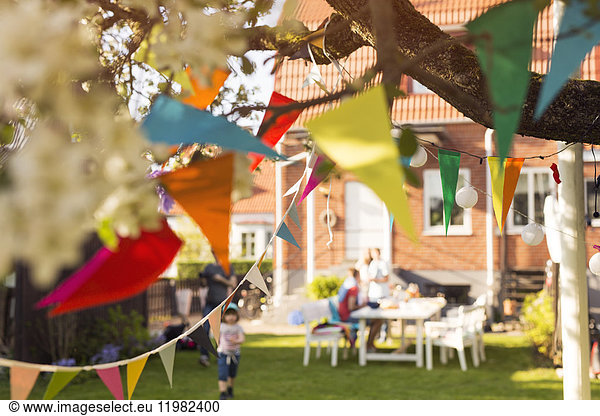 Colorful bunting in garden