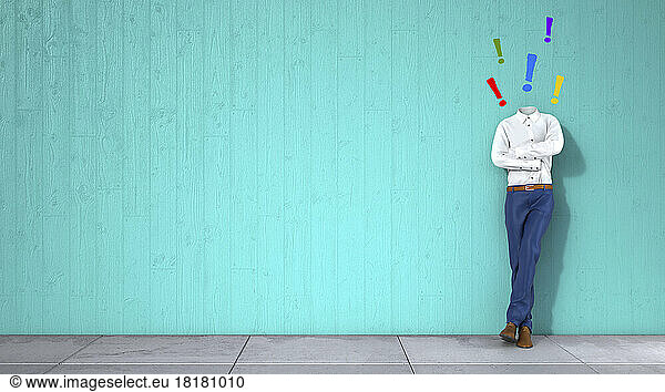 Colorful exclamation points over invisible person leaning on wall