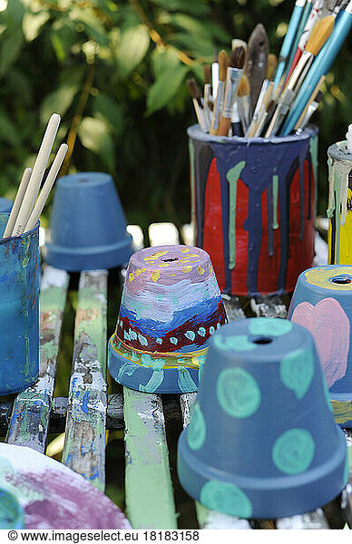 Colorful painted terracotta flower pots