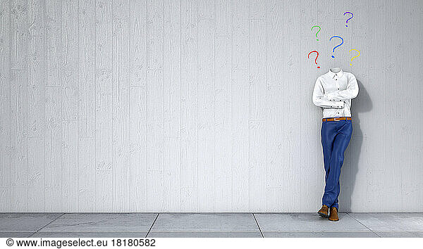 Colorful question marks over invisible person leaning on wall