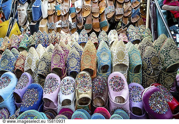Colorful slippers at the market of Marrakech  Morocco  Africa