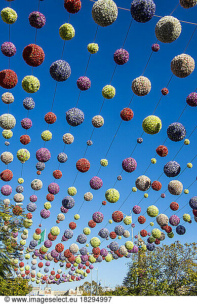 Colorful spherical decorations hanging against clear sky