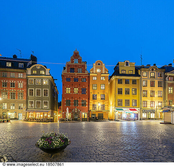 Colorful townhouses at dusk  Stortorget Square  Gamla Stan  Stockholm