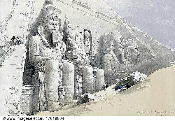 Colossal Figures In Front Of The Great Temple Of Aboo-Simbel. After a work by Scottish artist David Roberts  1796-1864 and Belgian lithographer Louis Haghe  1806-1885. From volume 4 of The Holy Land  Syria  Idumea  Arabia  Egypt  and Nubia. The six volumes were published between 1842 and 1849.