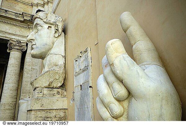 Colossal hand with index finger and head  remains of the Roman colossal statue of Emperor Constantine  Palazzo dei Conservatori  Capitoline Museums  Capitoline Hill  Rome  Lazio  Italy  Europe