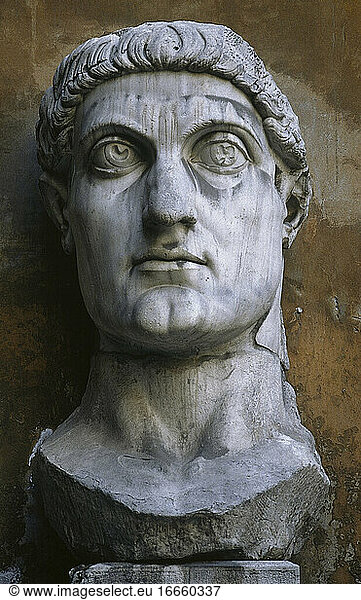 Colossus of Constantine the Great (280-337). Roman emperor. Head. White marble. Capitoline Museums. Rome. Italy.