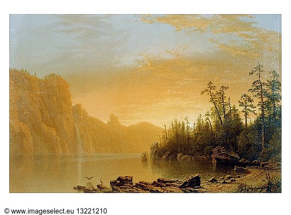 Colour chromolithograph of a Californian sunset. Created by Albert Bierstadt (1830-1902) German-American landscape painter. Dated 1864