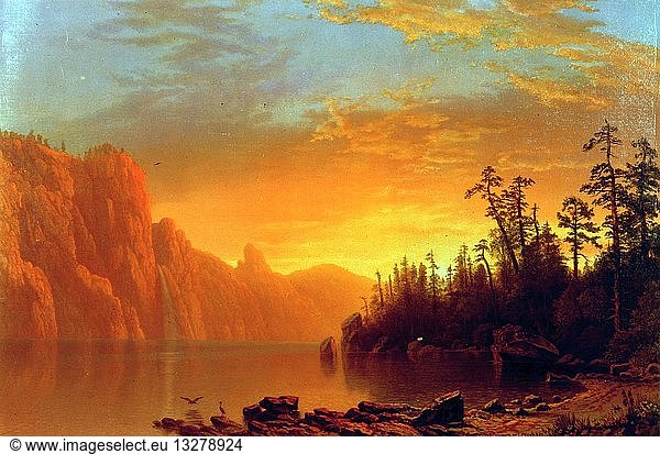 Colour chromolithograph of a Californian sunset. Created by Albert Bierstadt (1830-1902) German-American landscape painter. Dated 1864