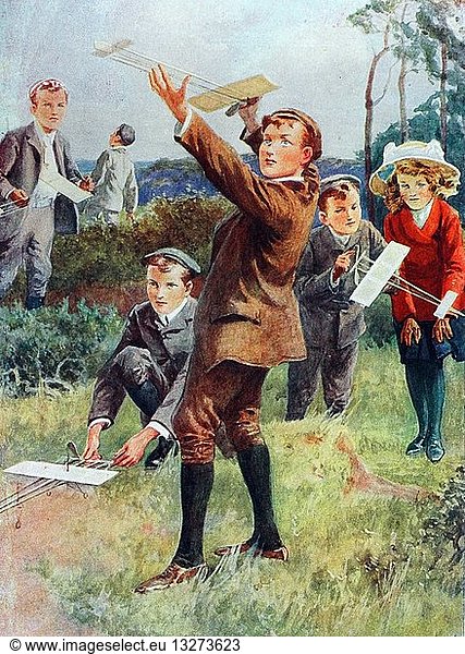 Colour illustration from a book depicting young children playing with home-made aeroplanes
