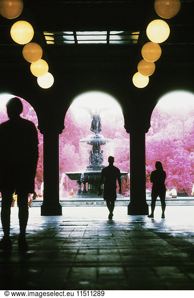 Colour infrared image of the archways and fountain in Central Park  New York city.